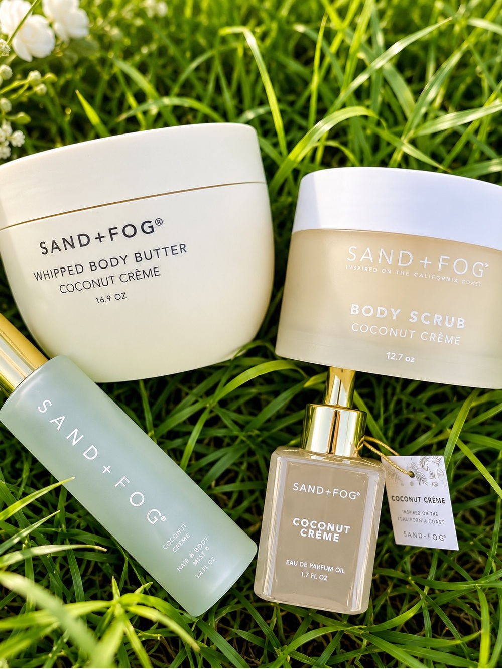 Sand + Fog Coconut Crème Body Care Set Mist Oil Butter Scrub Vanilla New